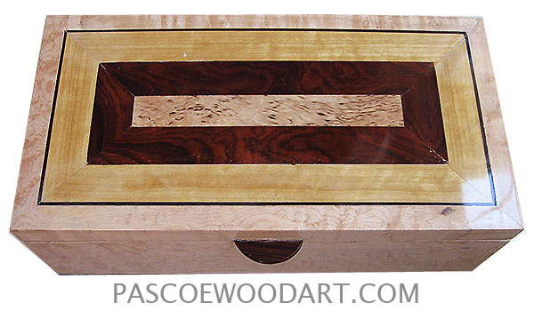 Handcrafted wood box - Decorative wood keepsake box made of bird's eye maple with mosaic top of masur birch, African blackwood, Ceylon satinwood