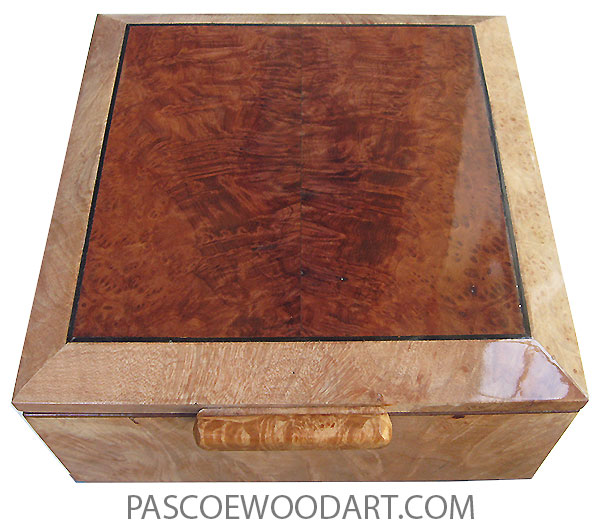 Handcrafted wood box - Decorative wood keepsake box made of maple burl with redwood burl center top
