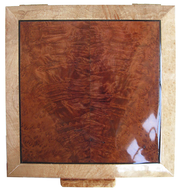 Redwood burl center framed in maple burl box top - Handcrafted wood keepsake box