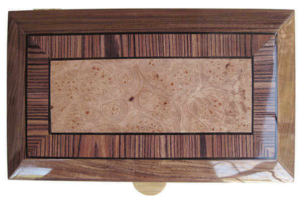 Maple burl center framed in Brazilian kingwood with ebony stringing beveled box top - Handcrafted wood box, keepsake box