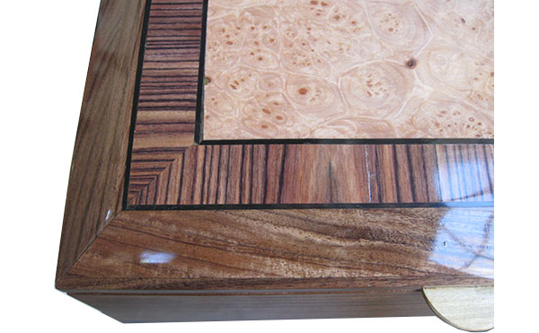 Maple burl center framed in Brazilian kingwood with ebony stringing beveled box top - close up - Handcrafted wood box