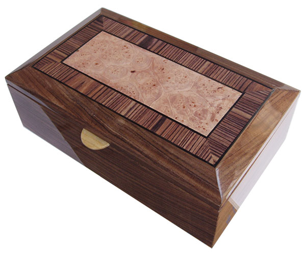 Handcrafted wood box - Decorative keepsake box made of Santos rosewood with beveled top of maple burl center framed in Brazilian kingwood with ebony stringing