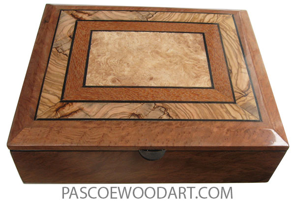 Handcrafted wood box - Keepsake box made of bird's eye redwood burl with beveled mosaic top  of maple burl, lacewood, Mediterranean live, ebony.