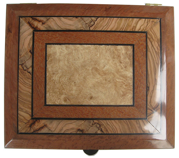 Mosaic top of maple burl, lacewood, Mediterranean olive, ebony framed in bird's eye redwood burl - Handcrafted wood keepsake box