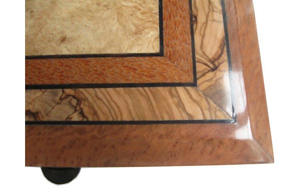 Mosaic box top of Mediterranean olive, lacewood, maple burl, ebony framed in bird's eye redwood burl - close up - Handcrafted wood keepsake box
