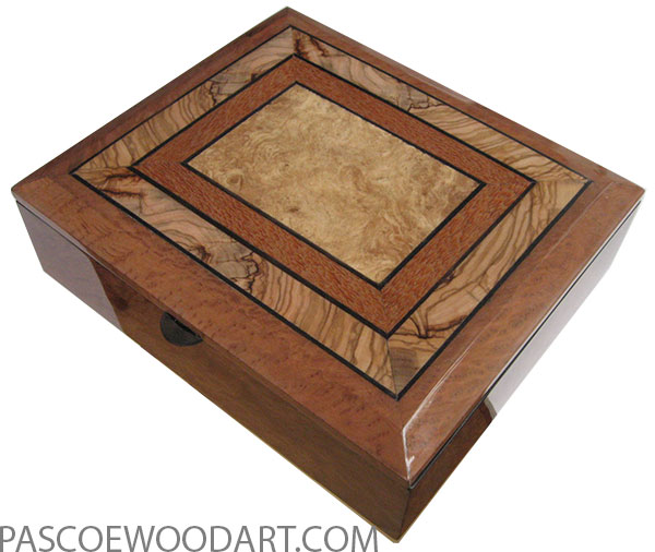 Handcrafted wood box - Keepsake box made of bird's eye redwood burl with beveled mosaic top of Mediterranean olive, lacewood, maple burl, ebony.