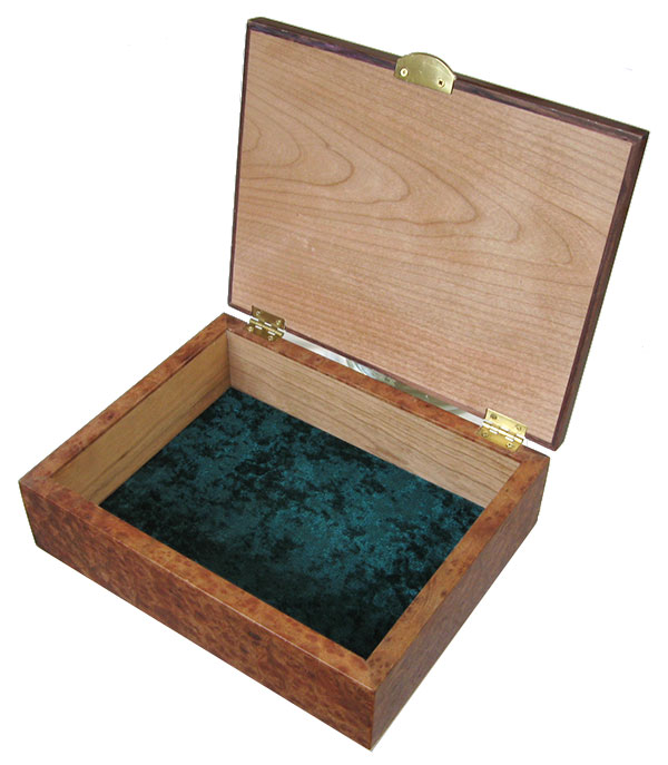 Handmade Wood Box, decorative keepsake box - Open view - Camphor burl, Maple Burl, Honduras rosewood
