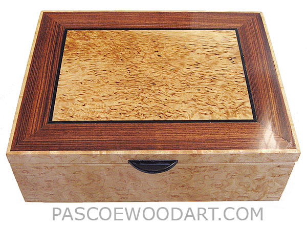 Handcrafted wood box - Decorative wood keepsake box made of bird's eye maple with masur birch framed in Brazilian kingwood top