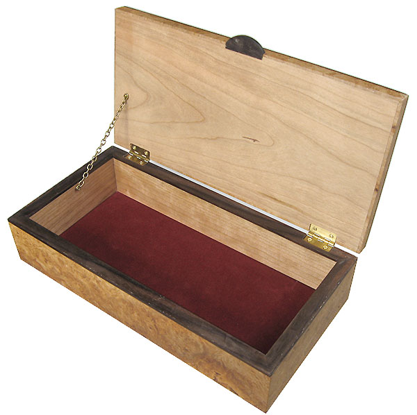 Handcrafted wood box - open view - Decorative wood keepsake box made of maple burl, African blackwood