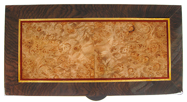 Handcrafted wood box top - Maple burl center framed in African blackwood with Ceylon satinwood and bloodwood striping - Decorative wood keepsake box