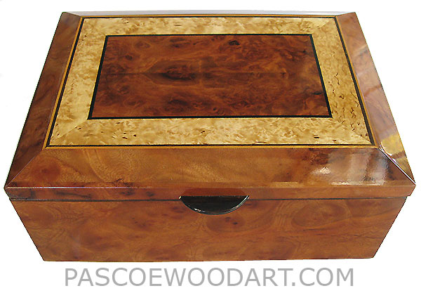 Handcrafted wood box - Decorative wood keepsake box with sriding tray made of camphor burl with beveled top made of redwood burl centerpiece framed in masur birch with ebony and satinwood stringing