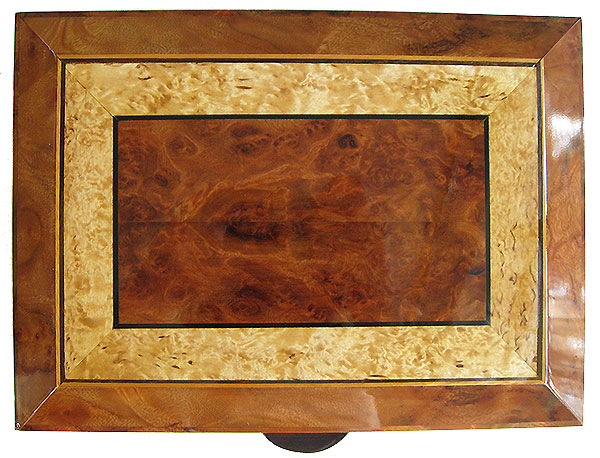 Redwood burl centerpiece framed in masur birch and camphor burl with ebony and satinwood stringing