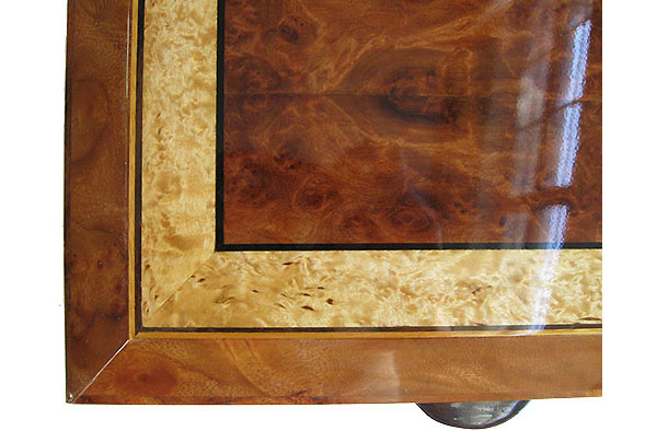 Handcrafted wood box top close-up - Redwood burl framed in masur birch and camphor burl with ebony and satinwood stringing - Close up
