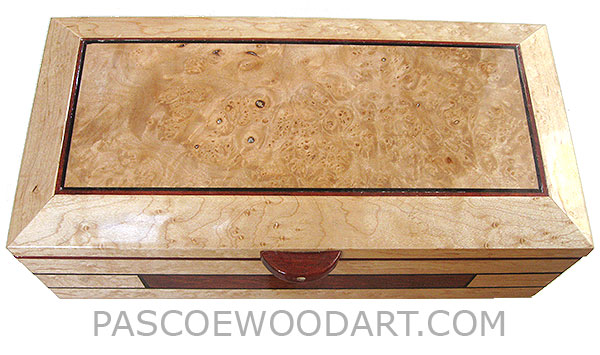Handmade wood box - Decorative wood keepsake box made of birds eye maple veneer laminated over maple with inlay of bloodwood and ebony, top center piece with maple burl.