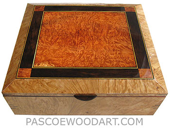 Handcrafted large wood box - Decorative wood large keepsaske box or document box made of figured maple burl with redwood burl, African blackwood mosaic box top