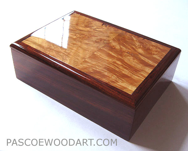 Cocobolo box - wood man's valet box, handmade man's keepsake box - Cocobolo and maple burl wood