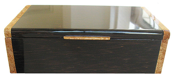 Decorative wood men's valet box made of black palm with maple burl ends - Front view