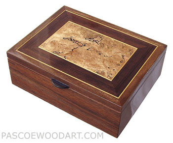 Handcrafted wood men's valet box, decorative keepsake box made of walnut, spalted maple burl, Asian ebony, Ceylon satinwood