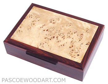 Decorative wood men's valet box or keepsake box -  Cocobolo wood handmade box with mappa burl veneer framed top