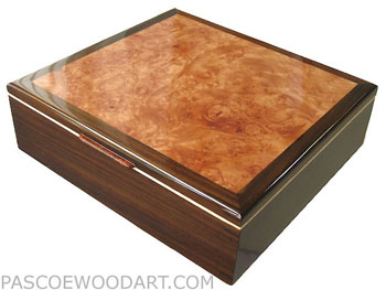 Large men's wood valet box, keepsake box made of East Indian rosewood, maple burl