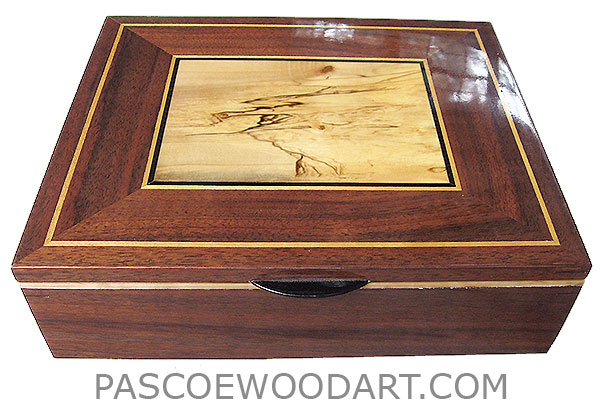 Large wood valet box, keepsake box made of claro walnut with top spalted maple framed in walnut with Ceylon satinwood and ebony trims