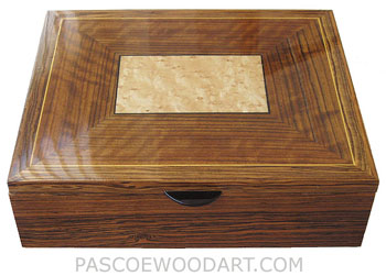 Large wood men's valet box, keepsake box made of bocote with sapele, bird's eye maple framed top