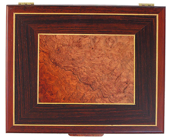 Amboyna burl and cocobolo inlaid handmade wood box top - Decorative men's valet box, keepsake box