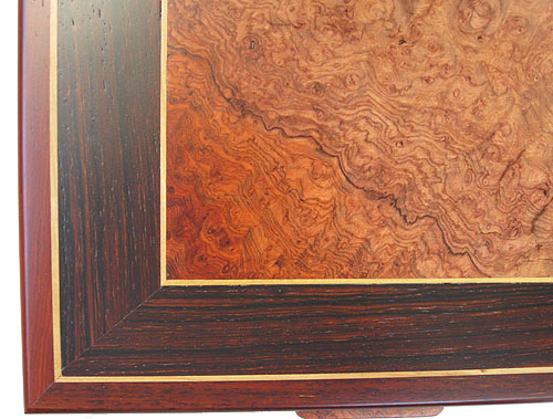 Amboyna burl, cocobol inlaid handmade decorative wood box - top close up