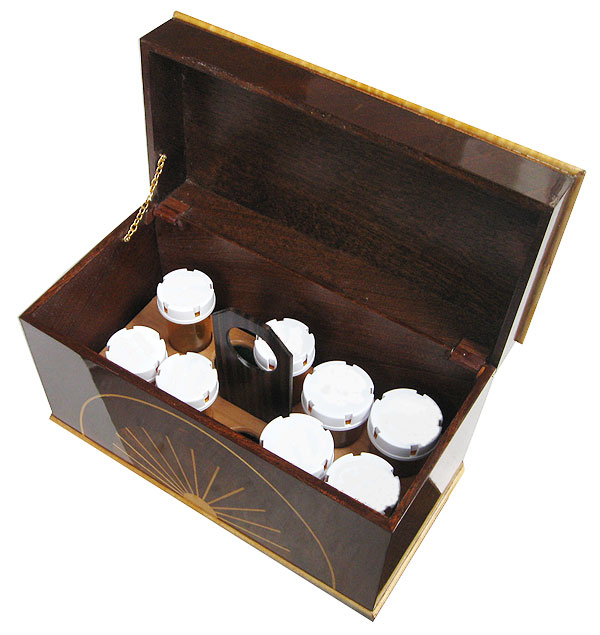 Handmade wood pill bottle organizer box - open view