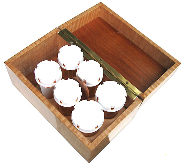 Handmade wood pill bottle organizer box - open view
