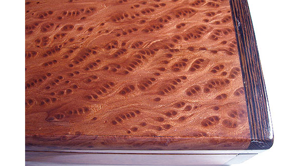 Birds eye redwood burl box top close up - Handmade decorative wood weekly pill box - 7 day pill organizer