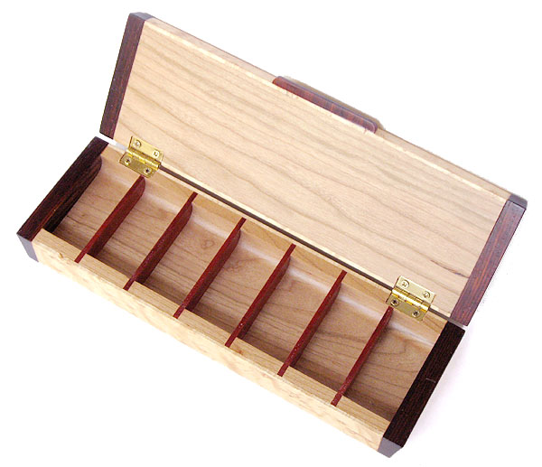 Weekly pill box open view - Handmade decorative wood 7 day pill organizer