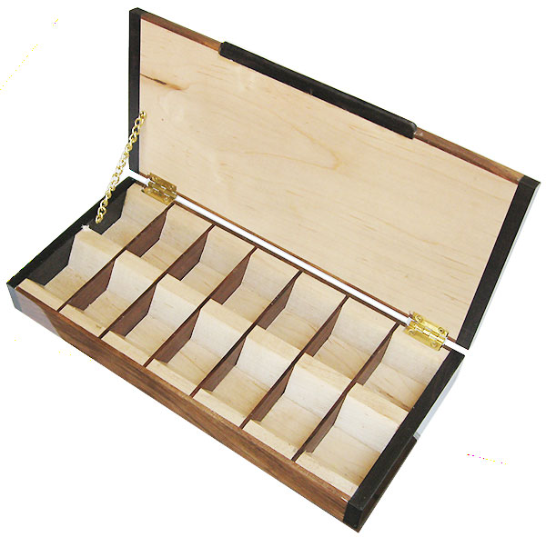 Handmade wood weekly pill box -open view
