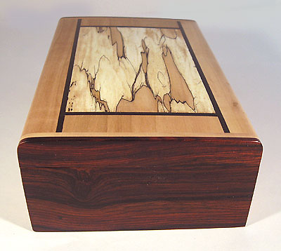 Handmade small keepsake box made from pear wood, cocobolo, ebony and spalted maple wood - side view