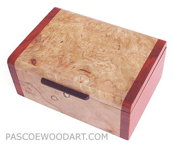 Small decorative wood box made of spalted maple burl, padauk