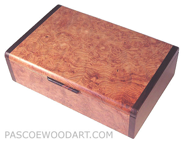 Decorative wood small keepsake box made of amboyna burl with Bois de rose ends