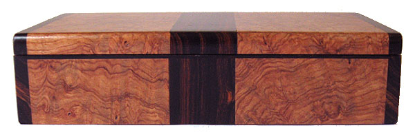 Handmade wood small keepsake box front view - amboyna burl, cocobolo