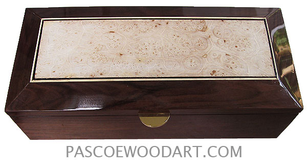 Handcrafted wood box - Decorative wood men's valet box, keepsake box made of Santos rosewood with maple burl center piece top