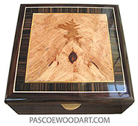 Handcrafted wood box - Decorative wood men's valet box made of East Indian rosewood with maple burl center framed in macassar ebony with Ceylon satinwood and holly stringing