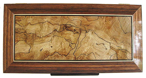 Spalted maple inset box top with ebony and satinwood stringing framed in Sabah ebony