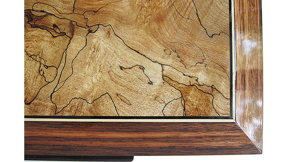 Spalted maple inset box top with ebony and satinwood stringing framed in Sabah ebony - Close up