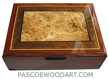 Handmade wood box - Decorative wood men's valet box made of cocobolo with shedua, spalted maple burl inlaid top