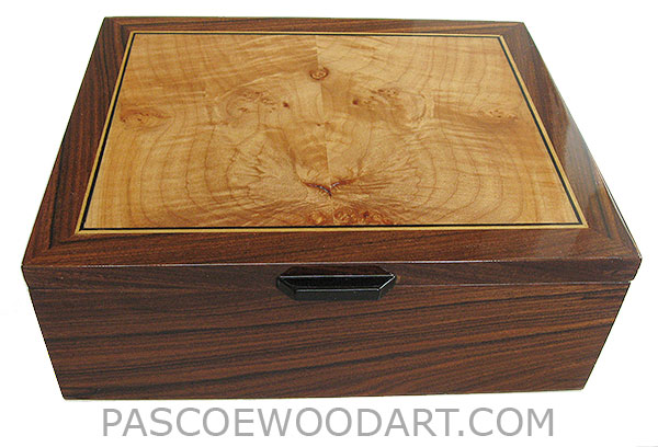 Handcrafted wood box - Decorative wood men's valet, keepsake box made of Santos rosewood with maple burl inlaid top - open view