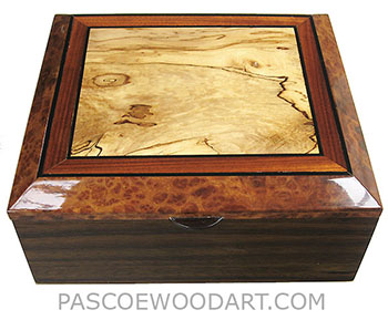Handcrafted wood box - Decorative wood men's valet box or keepsake box made of Indian rosewood with spalted maple framed in camphor burl bevel top