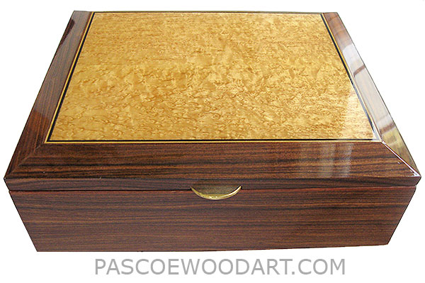 Handcrafted large wood box - Decorative wood men's valet, keepsake box or letter size document box made of Santos rosewood, bird's eye maple