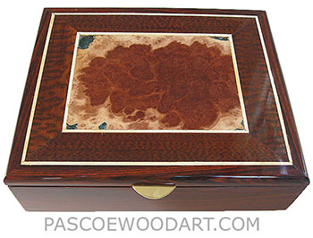 Large men's valet box made of cocobolo with red mallee burl framed in snakewood top