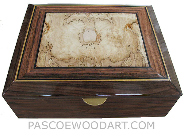 Handcrafted large wood box - Decorative wood large men's valet box, keepsake box or document box made of Santos rosewood with blackline spalted maple framed in Macassar ebony top