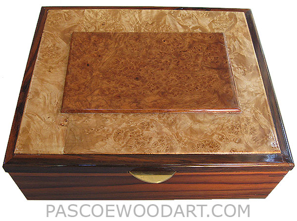 Handcrafted large wood box - Decorative wood large men's valet box or keepsake box made of Santos rosewood with amboyna burl center piece framed in maple burl and rosewood top