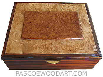 Handcrafted large wood box - Decorative wood large men's valet box or keepsake box made of Santos rosewood with amboyna burl framed in maple burl and rosewood top