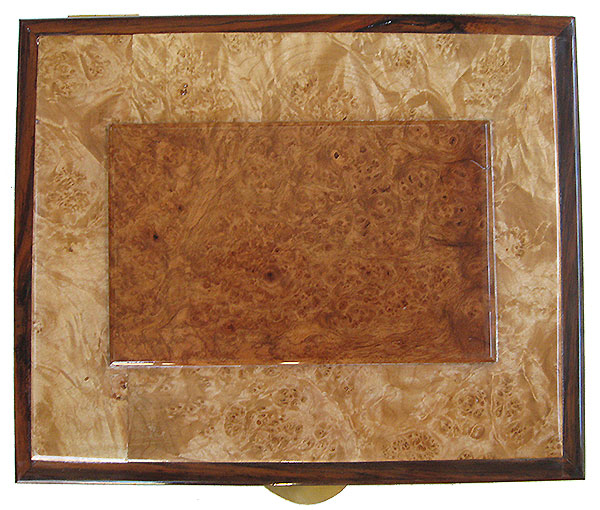 Amboyna burl center piece framed in maple burl and rosewood box top - Handcrafted large wood men's valet box or keepsake box